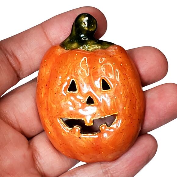Broken Sparkle Pumpkin Brooch Halloween Gold Tone Unsigned 2" Vtg Jack o Lantern - Picture 1 of 4